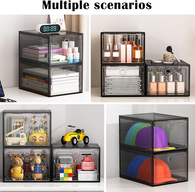 ARSTPEOE 12 Pack Upgrade Harder Shoe Organizer, Shoe Storage with Magnetic Front Door, Clear Shoe Boxes Foldable Space-Saving Shoe Rack for Sneaker Boot Container, Black