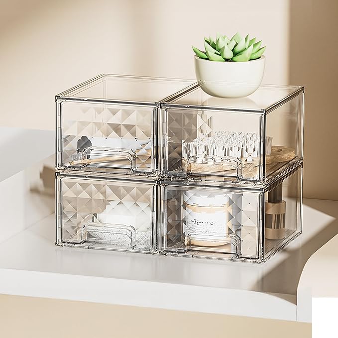 Delamu 8 Pack Stackable Storage Drawers, Makeup Skincare Holder Vanity Storage Organizer, Plastic Drawers For Vanity Desk, Undersink, Kitchen Cabinet, Pantry, Clear, Ideal Gifts for Women