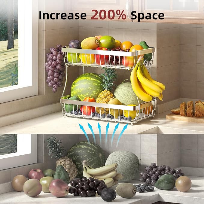Sevenblue 2 Tier Large Fruit Basket for Kitchen Counter with 2 Mobile Banana Hangers, 2026 Pro Detachable Metal Fruit Bowl with Wooden Handle (Silver, 2 Tier)