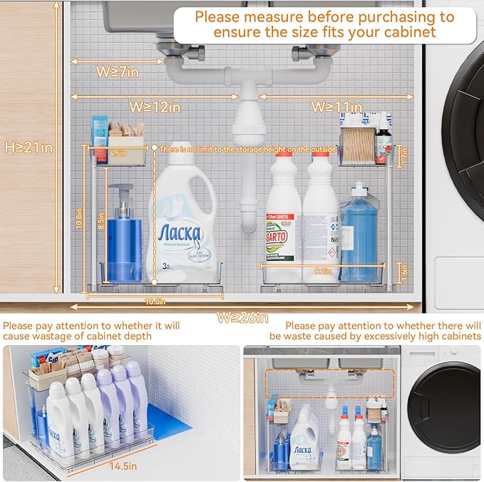 Yieach 2 Pack 14.6″ Deep Pull Out Under Sink Organizer,10.8″ High 2 Tier Slide Out Cabinet Organizer for Kitchen Cabinet,Undersink Organizers,Under Sink Shelves,Bathroom Organizers and Storage,Clear