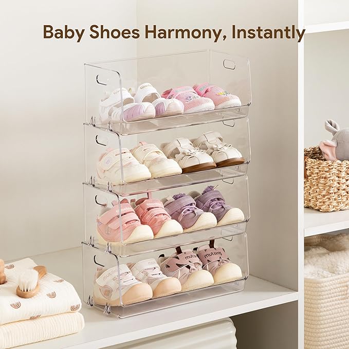 HBlife Clear Acrylic Kids Shoe Rack Baby Toddler Shoe Storage Organizer for Closet Floor Entryway Bedroom, 8 Tier Stackable Small Shoe Rack Shelf Display Stand