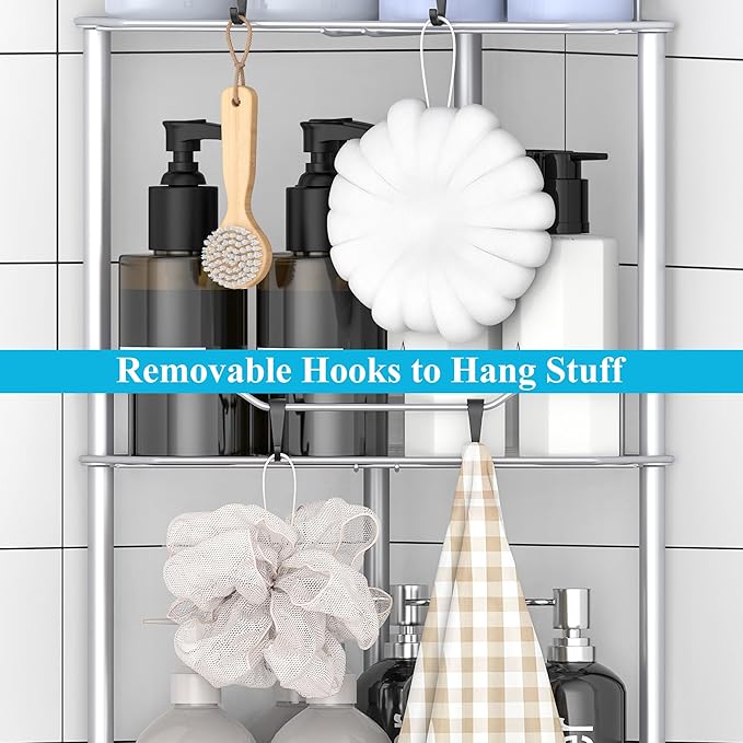 HuggieGems 3 Tier Floor Standing Corner Shower Caddy Organizer Shelf with Hooks, Bathroom Shelves Stand Rack, Silver