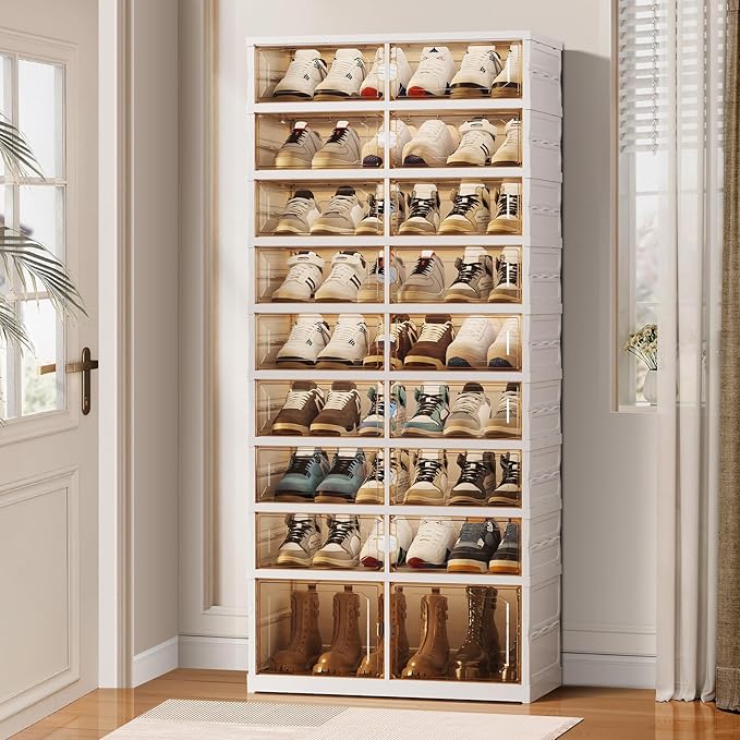 CIMLORD 9-Tier Foldable Shoe Rack Organizer for Closet, 27 Pairs Collapsible Plastic Shoe Shelf, Large Shoes Cabinet with Door, Clear Stackable Storage Box Easy Assembly White