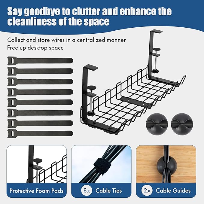 Under Desk Cable Management Tray - No Drilling, Tools-Free, Adjustable Iron Organizer, Modern Minimalist Style for Home Office