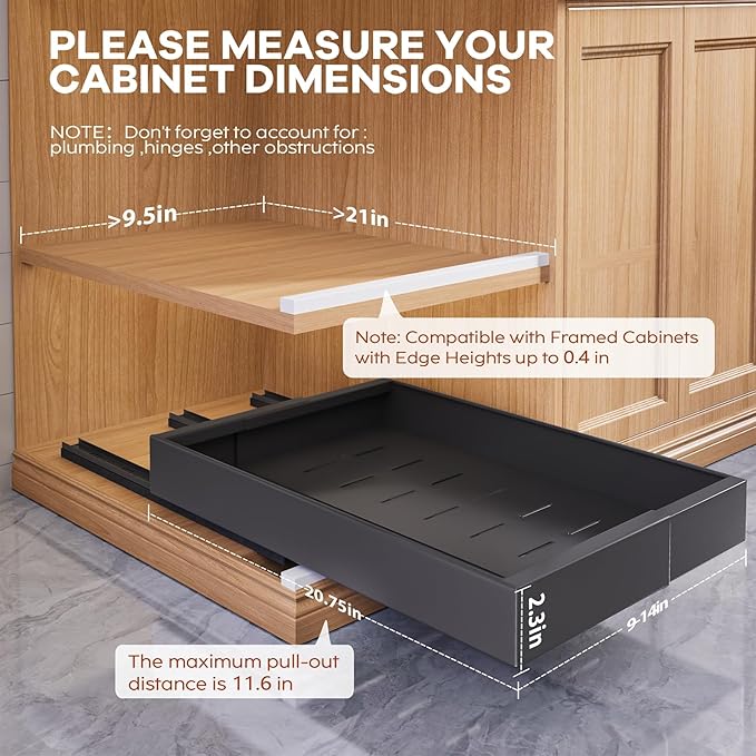 Seinloes 2 Pack Expandable (9"-14") Pull Out Cabinet Organizer 21" Deep With Raising Pad for Framed Cabinets,Upgrade 3 Slide Rails Slide Out Drawers,No Drill Roll Out Shelves Adhesive,Black