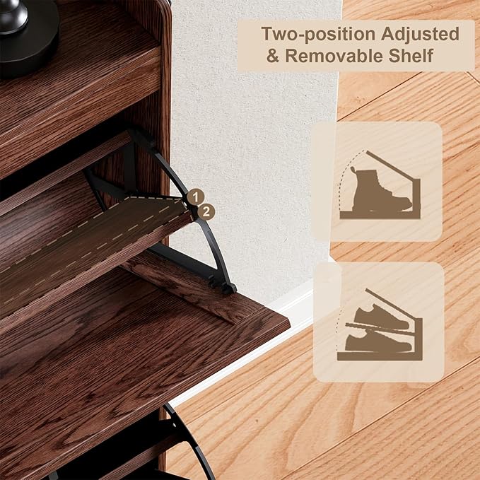 ChooChoo Shoe Storage Cabinet with 2 Flip Drawers, Freestanding Hidden Slim Narrow Shoe Rack Cabinet, Farmhouse Shoe Organizer Storage for Entryway, Walnut