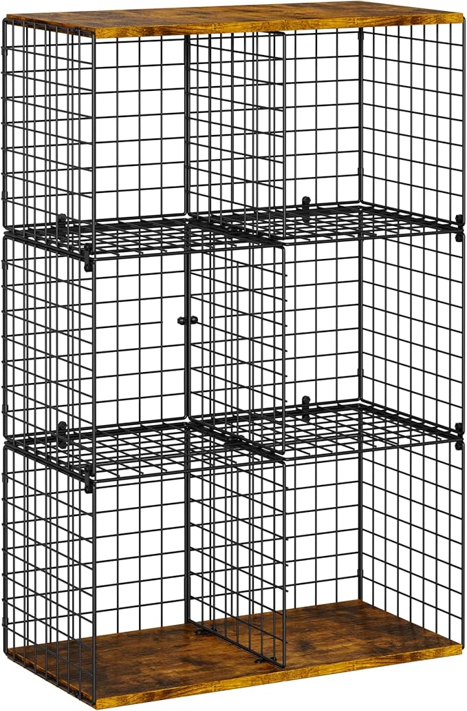 6-Cube Tall Closet Organizer Storage Wire Basket Shelf with Wood Top for Wardrobe Bedroom Closet Systeem, Stackable Sturdy Space-saving Clothing Shelves for Clothes, Sweaters, Pants, Handbags, Shoes