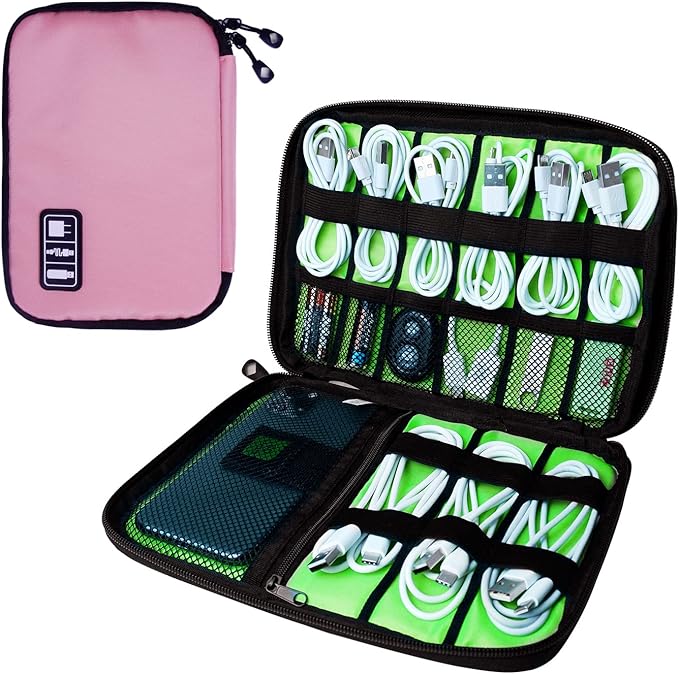 Lcsmaokin Electronics Travel Organizer,Portable Waterproof Electronic Travel Storage Bag for Small Charging Cord Storage,Charger,SD Card etc,for Travel,Business -Pink Green