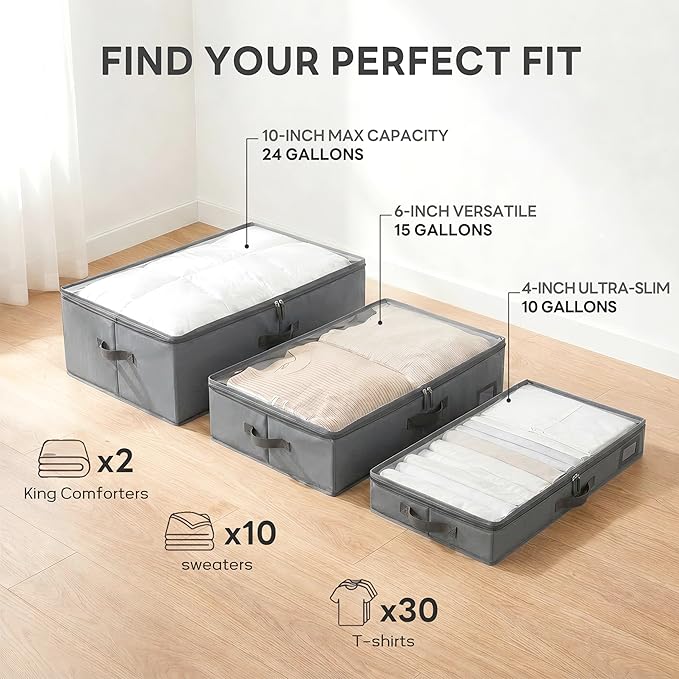 10-Inch Under Bed Storage Containers (3-Pack) | Sturdy Sidewalls | Clear Cover & Label Holder | Foldable Closet Organizer | Stores Clothing/Blankets/Wrapping Paper/Toys
