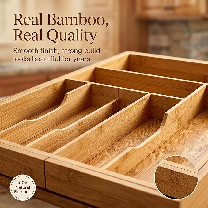 Liviys Cutlery Drawer Organizer for Kitchen Utensils, 13-20 Inches Expandable Bamboo Utensil Tray, Large Wooden Silverware Organizer Insert for Kitchen Drawers