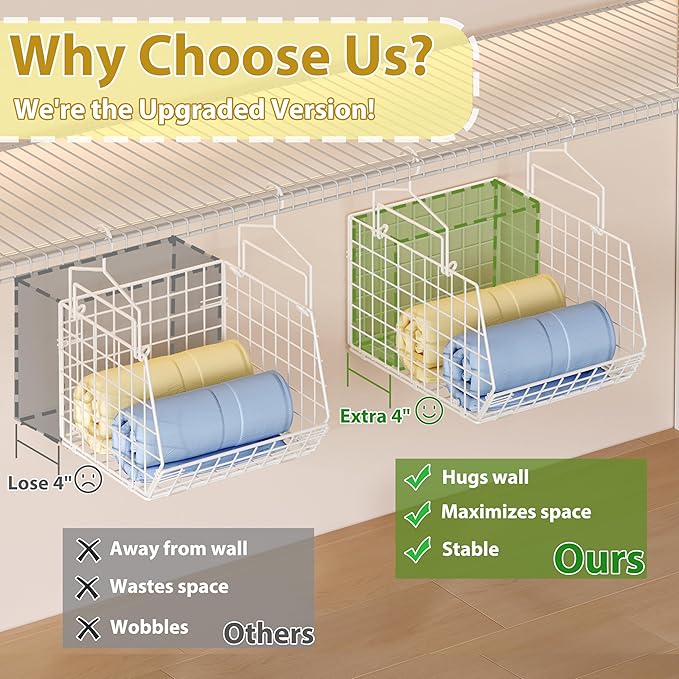 6 Tier Extended Depth Hanging Closet Organizer, Closet Storage Hanging Shelves with Hanging Hooks for Clothes Sweaters Towels Handbags, Stackable Metal Mesh Bins For Closet, Laundry, Bathroom, Dorm