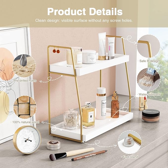 Bathroom Organizer Countertop, 2 Tier, White and Gold