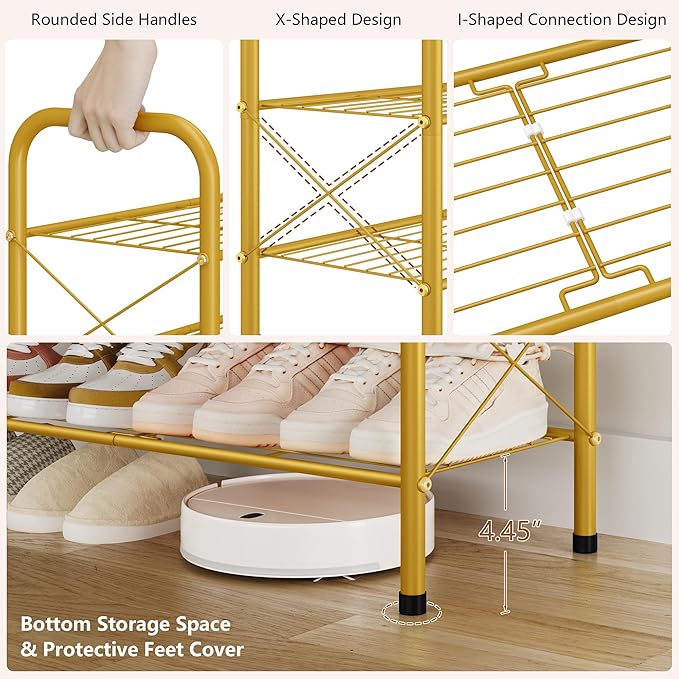 Hoctieon 5 Tier Shoe Rack for Closet, Durable Mesh Style Shoe Rack, Entryway Shoe Shelf, Shoe Storage Organizer for Hallway, Bedroom, Living Room, Wardrobe, Gold