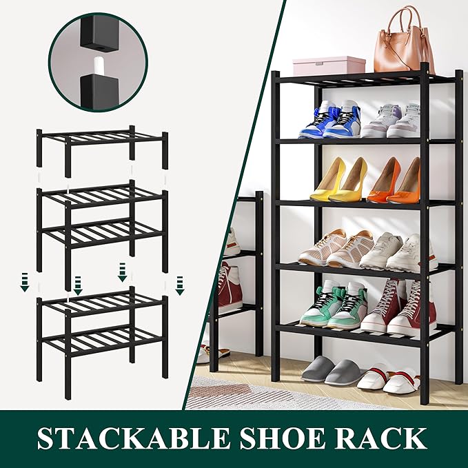 Smiry Small Bamboo Shoe Rack, 3 Tier Free Standing Wooden Shoe Organizer, Stackable Wood Shoe Storage Shelf for Closet, Entryway, 12 Vertical Slats, 2+1 Stack Standard Legs, 17.3"x11"x19.5", Black