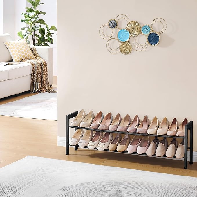 FAVOOSTY 2-Tier Expandable Shoe Rack, Adjustable Shoe Shelf Storage Organizer Space Saving Metal Free Standing Shoe Rack for Entryway Closet Doorway, Black