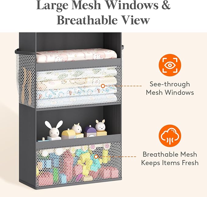 5 Tier Over the Door Diaper Organizer for Nursery, Gray