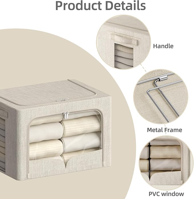 FHSQX 3 Pack Clothes Storage Bins - Foldable Metal Frame Storage Box - Stackable Linen Fabric Container Organizer Set with Carrying Handles and Clear Window (Beige, 15.7x11.8x9.8inch(30L))