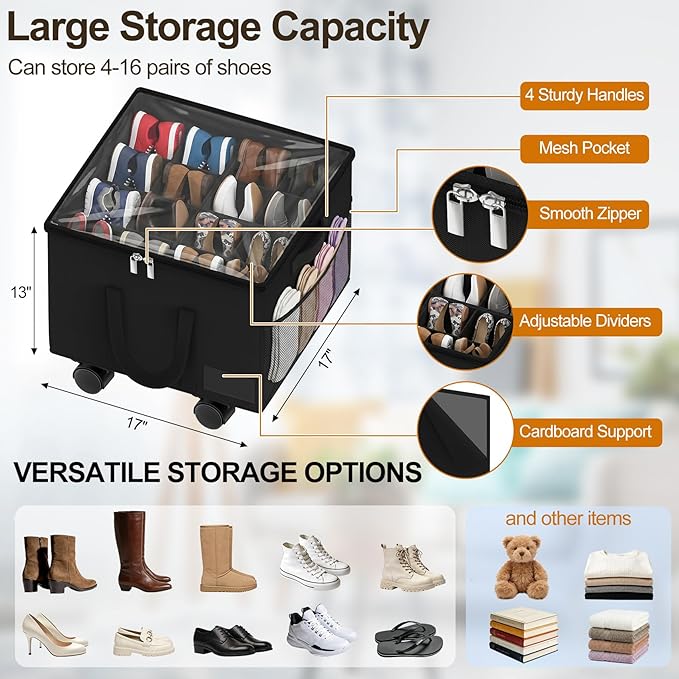 2 Pack Large Shoe Organizer for Closet, Adjustable Dividers Shoe Storage Box Bins with Wheels Clear Cover Reinforced Handle Side Pocket Fits up to 32 Pairs, Foldable Shoe Organizer for Entryway Black