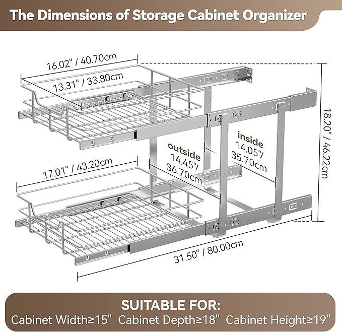 2 Tier Pull Out Cabinet Organizer 15" W X 17" D
