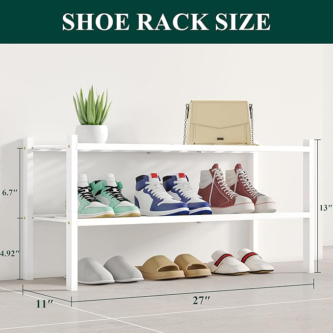 Smiry Bamboo Shoe Rack, 2 Tier Free Standing Wooden Shoe Organizer, Stackable Wood Shoe Storage Shelf for Closet, Entryway, 12 Vertical Slats, One-piece Standard Legs, 26.8"x11"x13", White