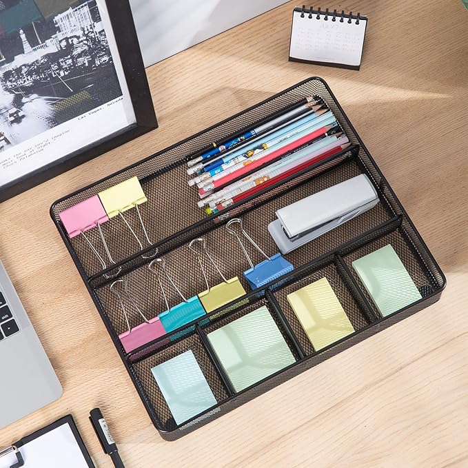 Amazon Basics Mesh Desk Drawer Organizer with 6 Compartments, Non-Slip Office Supplies Storage for Pens and Accessories, Black | Pack of 4
