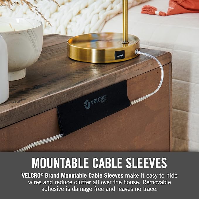 VELCRO Brand VEL-30797-USA Mountable Cable Sleeve | Cord Management Mounts on Walls, Desk or Entertainment Center | Removable Adhesive is Damage Free | 12in Black, 2pk, 12in-2Pk