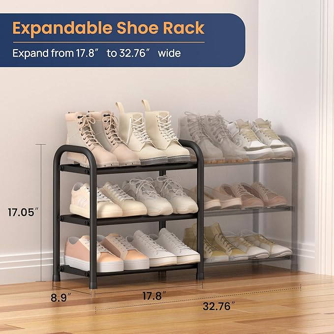 ENJOYBASICS 3 Tier Expandable Shoe Rack for Closet, Free Standing Metal Shoe Shelf Storage Organizer Holder 12 Pairs, Adjustable Width Shoe Rack for Entryway Small Space, Black | Adjustable