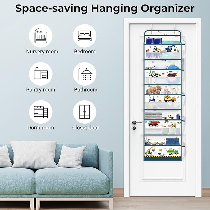Clastyle Car Over the Door Organizer Nursery Hanging Storage Organizer for Boys Clothes Diaper Toy Closet Door Hanging Shelf Storage for Bedroom Bathroom Pantry, Construction Vehicle, 5-Tier