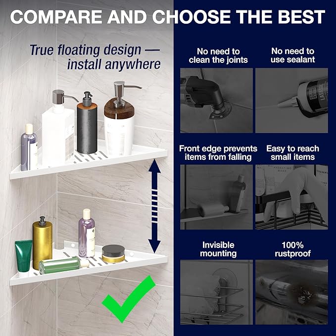 Corner Shower Shelf for Inside Shower - Adhesive/Stick/Drill/No Drill - Floating Strong 14" White Corner Shower Shelves for Bathroom, Tiled Wall, Caddy Organizer, Kitchen, Shower
