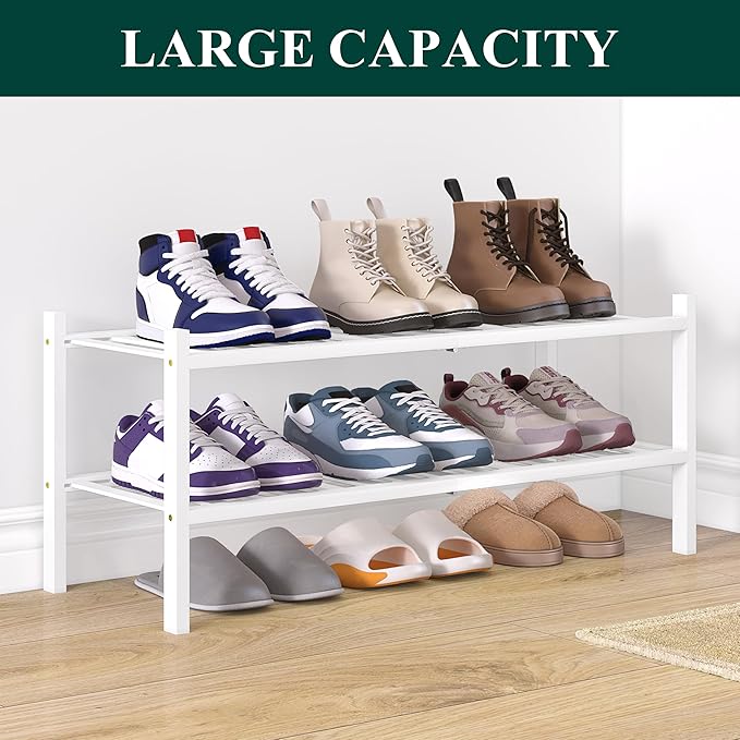 Smiry Bamboo Shoe Rack for Closet, 2 Tier Wooden Shoe Organizer, Stackable Wood Shoe Storage Shelf for Entryway, 14 Vertical Slats, One-piece Heavy-Duty Legs, 26.77"x11.02"x12.99", White