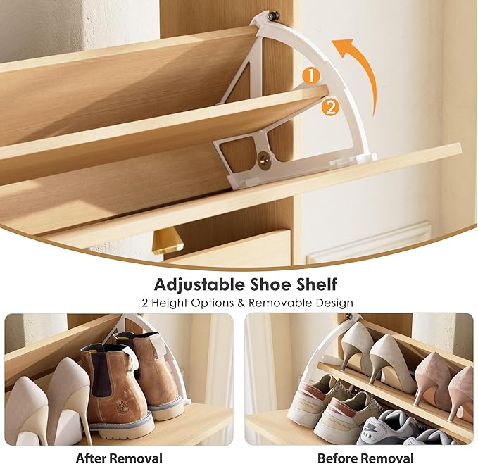 Nicetree Shoe Cabinet with 3 Flip Drawers，Freestanding Shoe Storage Cabinet, Narrow Shoe Organizer Cabinet, Farmhouse Slim Shoe Rack Cabinet for Entryway,Natural Oak with Hook