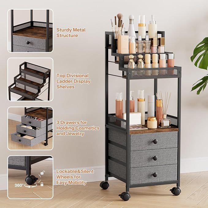 Display Riser Stand Perfume Cologne Organizer, 13in Rolling Makeup Storage Cart with Fabric Drawers, Floor Vanity Cosmetics Display Cases for Skin Care Nail Polish Figures Rustic Brown