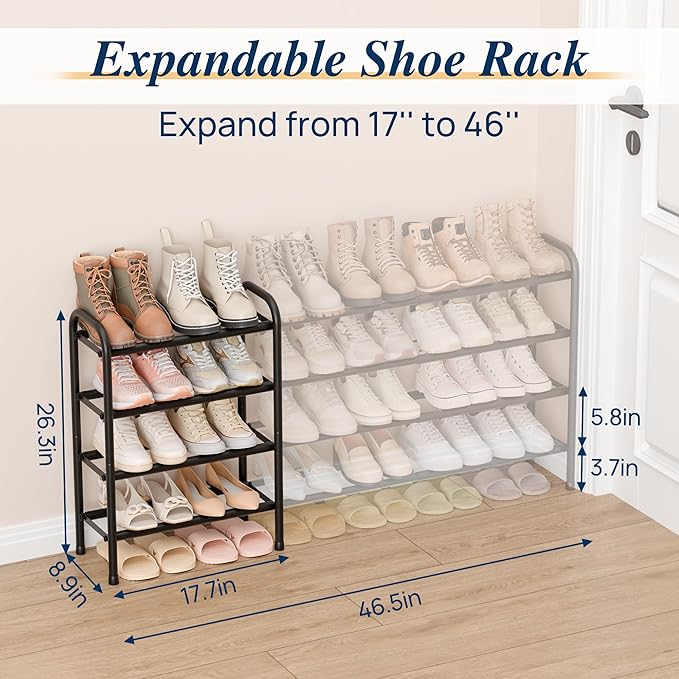 ENJOYBASICS 4 Tier Expandable Shoe Rack for Closet, Free Standing Metal Shoe Shelf Storage Organizer Holder 24 Pairs, Adjustable Width Shoe Rack for Entryway Small Space, Black