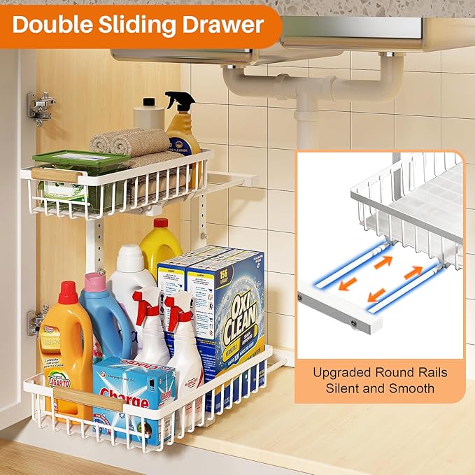 REALINN Under Sink Organizer, 2 Pack Height Adjustable Under Sink Organizers and Storage, 2 Tier Pull Out Drawer Cabinet Storage for Kitchen Bathroom, White