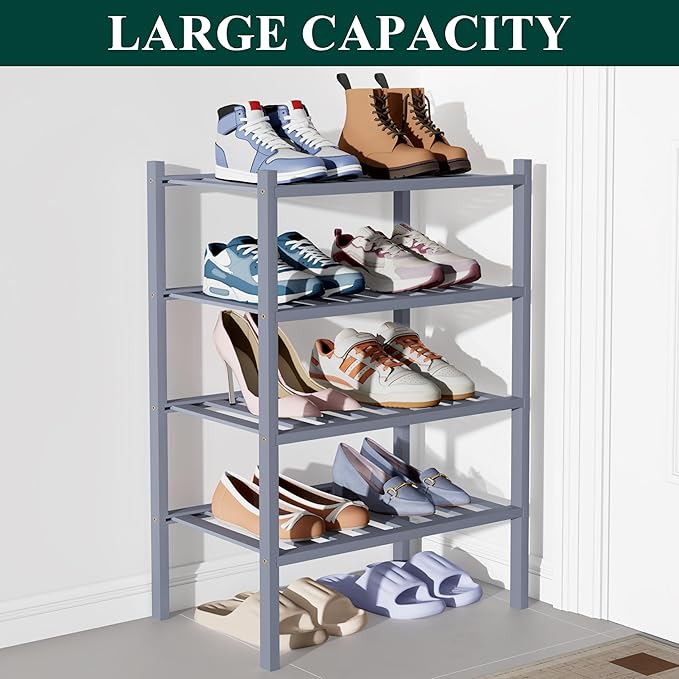 Smiry Bamboo Shoe Rack for Closet, 4 Tier Small Wooden Shoe Organizer, Stackable Wood Shoe Storage Shelf for Entryway, 14 Vertical Slats, 2+2 Stack Heavy-Duty Legs, 17.32"x11.02"x25.98", Grey