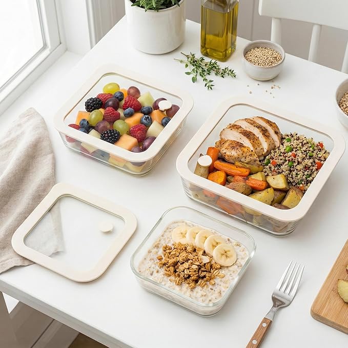 Urban Green Glass Food Container Set with Glass Lid, 3 Pack, White Color