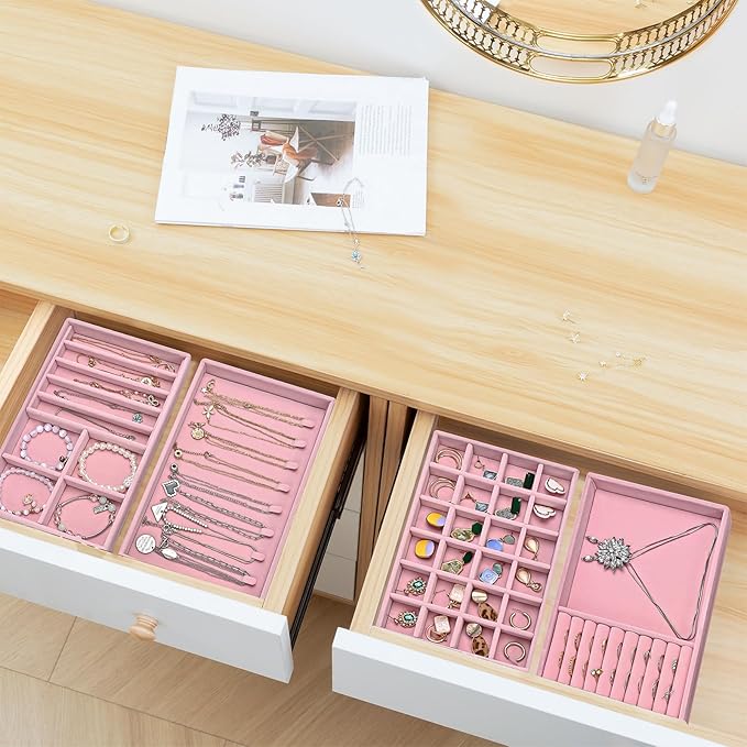 ProCase Stackable Jewelry Organizer Trays for Drawers, Jewelry Drawer Inserts Container Display Case Storage for Earring Necklace Rings Bracelet with Removable Dividers -Dustypink, 4 Layers