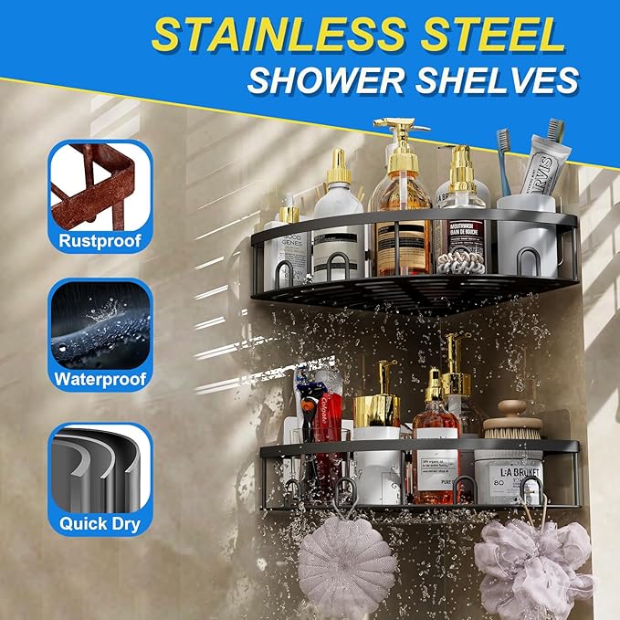 Corner Shower Caddy - Stainless Steel 2 Pack Adhesive Bathroom Organizers and Storage,No Drilling Shower Shelves Rustproof Wall Mounted Shower Organizer Rack,Shower Shelf for Inside Shower(Black)