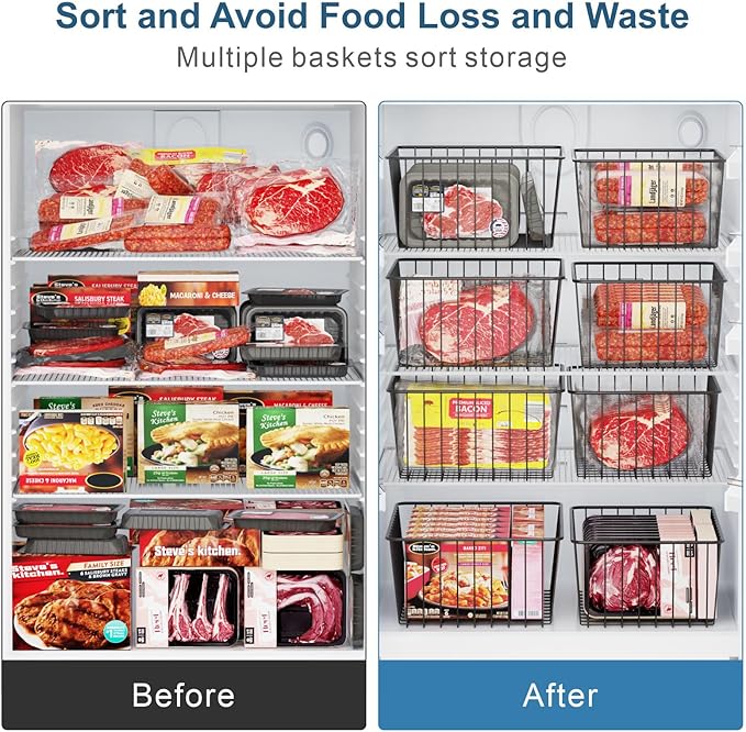 iSPECLE Freezer Organizer Bins - 6 Pack Stand Up Freezer Organizers for 16 Cu.Ft Upright Freezer, Storage Baskets for Meat & Veggies, Prevents Items Falling, Slide-Out Access, 3 Large 3 Medium, White