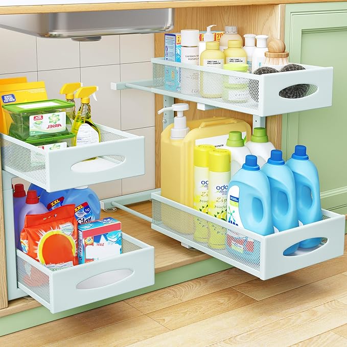 Under Sink Organizer, 2 Tier Pull out Cabinet Organizer Baskets with Mesh Sliding Drawers, Slide out Storage Shelf for Home, Kitchen, Bathroom, Pantry, Office Cabinet(1 Pack, Blue)