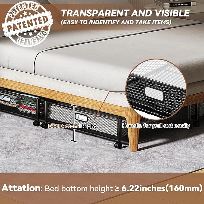 PHINOX Under Bed Storage Containers with Wheels - Shoe Storage Organizer Drawer, Tool-free Assembly Metal Underbed Storage for Bedroom Clothes, Shoes, Blankets - 4Pack