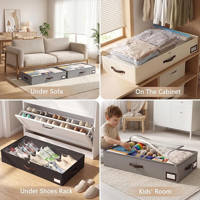 OIAHOMY 2 Pack Under Bed Storage with 4 Compression Bags, Underbed Organizers for Bedroom & Closet, Fits Beds Higher than 5.9", Space-Saving for Seasonal Clothes, Blankets & Shoes - Black