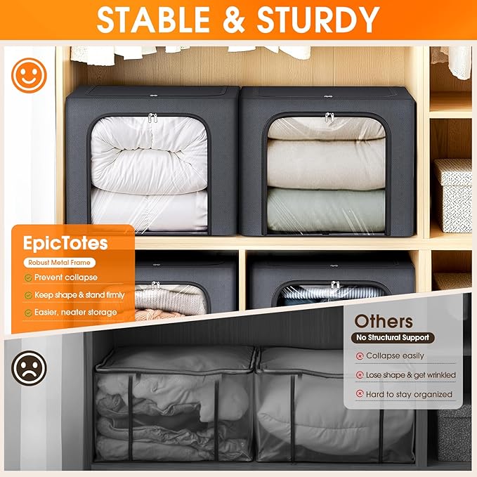 8 Pack Clothes Storage Bins with Metal Frame,40L Storage Bags Fabric Box Organizer with Clear Window,Zippers,Sturdy Handles(8 Pcs,Light Grey,40L)