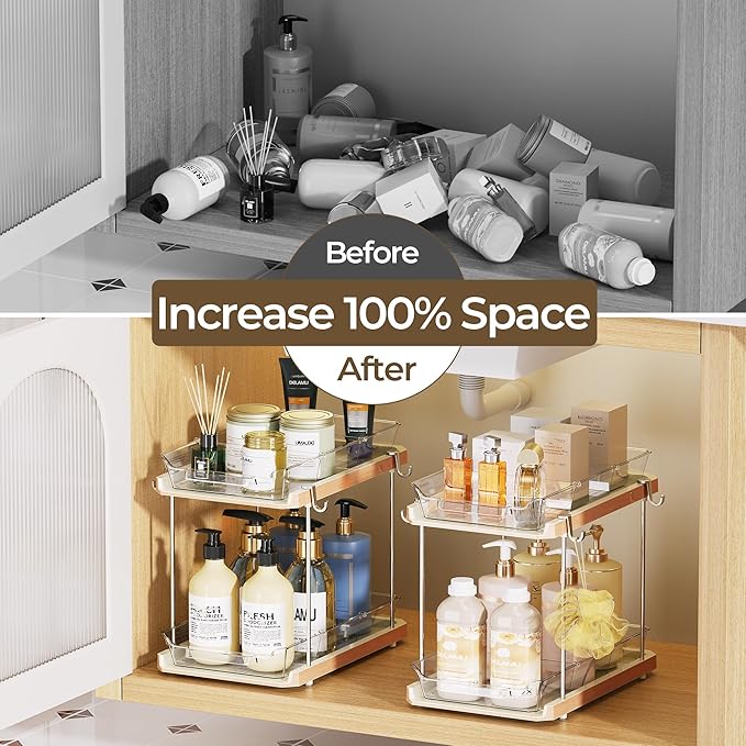 2 Tier Under Sink Organizer Bathroom, Wood Grain, 4 Pack