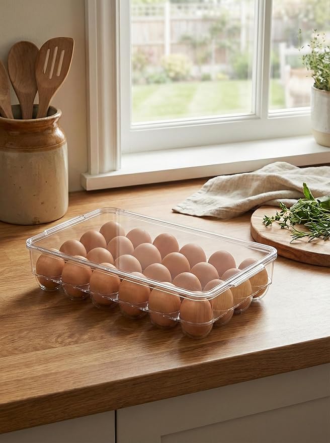 Clear Egg Holder for Refrigerator - Stackable Plastic Egg Tray with Lid, Large Capacity Egg Storage Bin, Durable Fridge Organizer for Kitchen & Countertop - Holds 24 Eggs