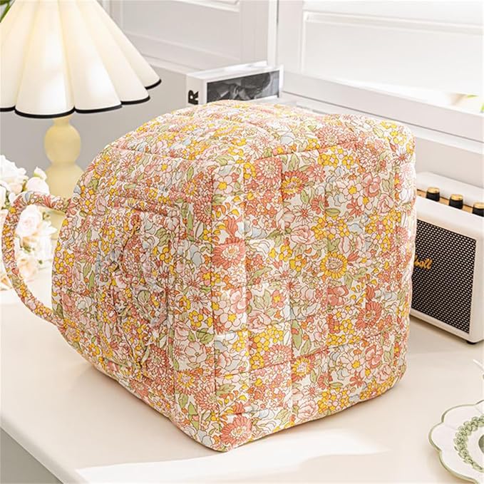 Fabric Baskets for Storage, Quilted Boho Floral Basket with Handles, White