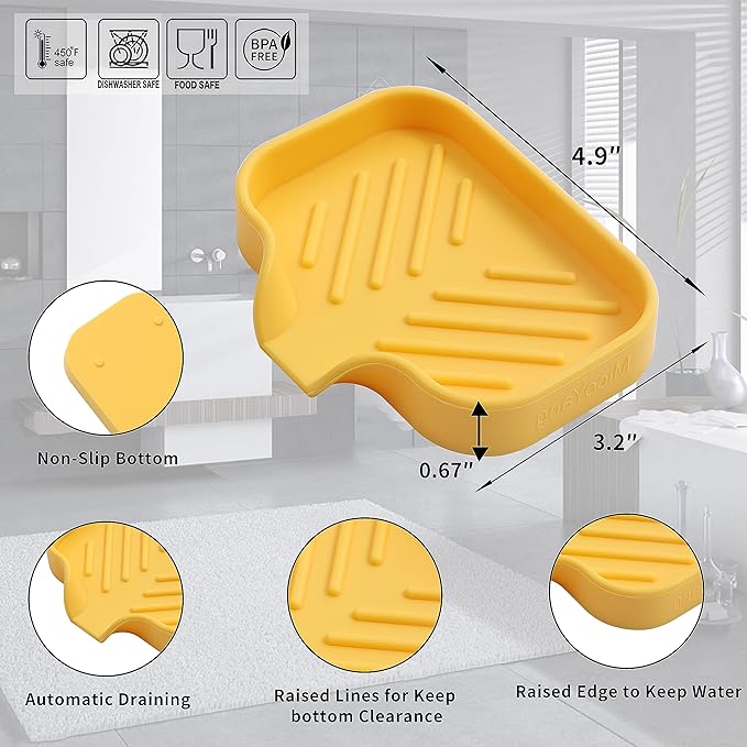 MicoYang Silicone Soap Dish with Drain Spout — Self-Draining Sink Organizer Tray for Bathroom & Kitchen, Holds Soap, Sponges & Dispensers, Non-Slip & Dishwasher Safe, Yellow (Small, 4.9"×3.2")