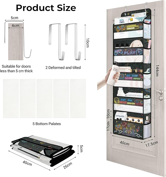 Clastyle Neon Video Gamer Over the Door Organizer with Clear Window Mesh Pocket 44 lbs Weight Capacity Nursery Hanging Shelf for Diaper Toy Closet Door Storage for Bedroom Bathroom Pantry