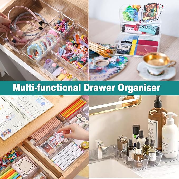 27 Pack Clear Plastic Drawer Organizer Set - 4 Sizes Makeup Vanity Organizer Chest of Drawers Storage Stackable Organizers Bins Divider Box for kitchens, Bedrooms, Bathrooms, Offices, Junk, Gadgets