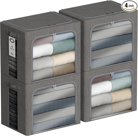 4 Pack Clothes Storage Bins with Metal Frame - 36L Stackable Storage Box with Lid，Foldable Storage Container Organizer for Clothes，Linen Fabric Storage Box with Clear Window＆Zippers＆Handles